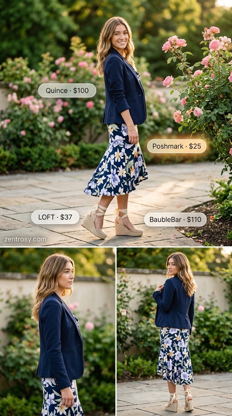 Floral Midi Skirt Set 2026 Feminine floral midi skirt set outfit for garden parties. Lightweight summer blazer outfits for women 2026.