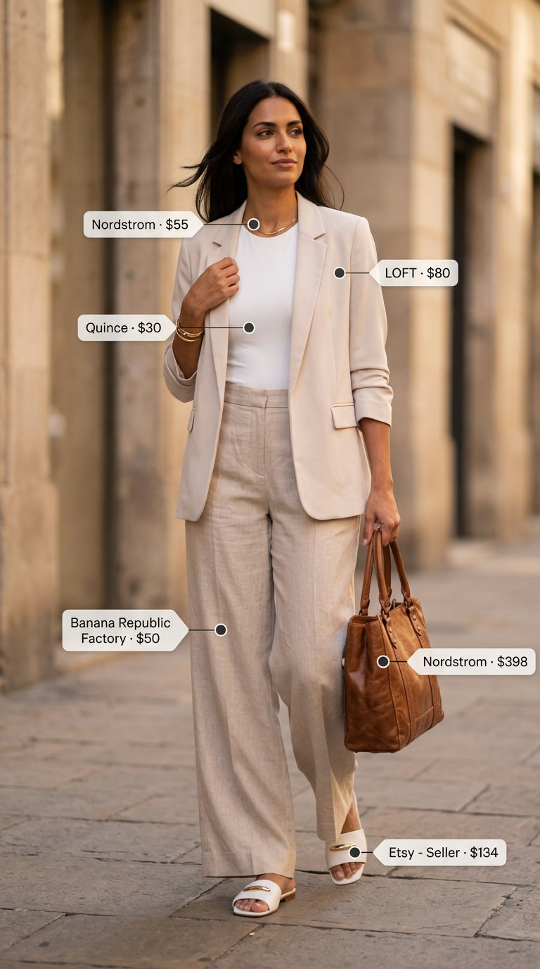 Linen Pants Outfit 2026 Minimalist beige linen pants outfit with white bodysuit and leather slides. Lightweight summer blazer outfits for women 2026.