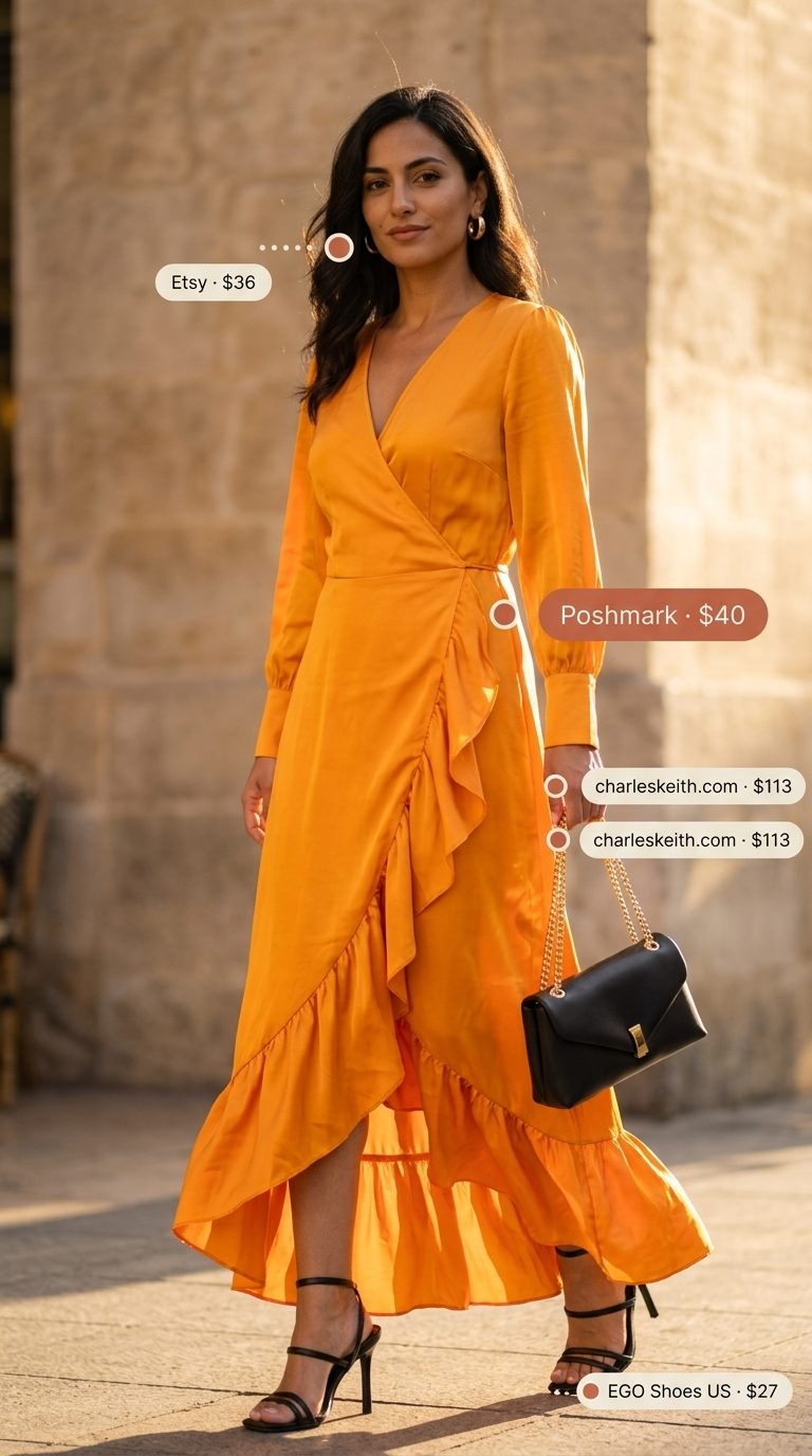 Mango Orange Midi Dress 2026 Mango orange satin midi dress outfit with black heels for date night. Lightweight summer blazer outfits for women 2026.