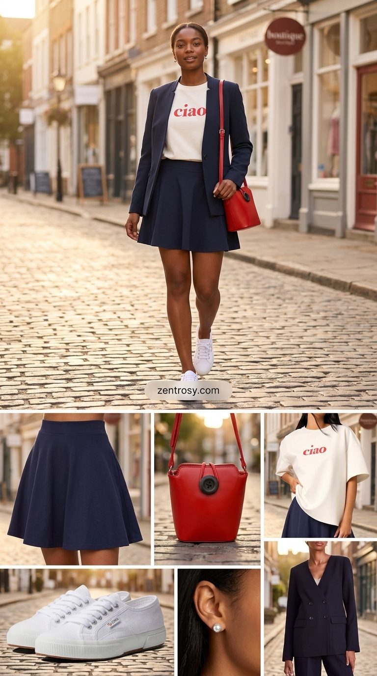 Sporty Mini Skirt 2026 Sporty navy mini skirt outfit with white t-shirt and sneakers. Lightweight summer blazer outfits for women 2026.