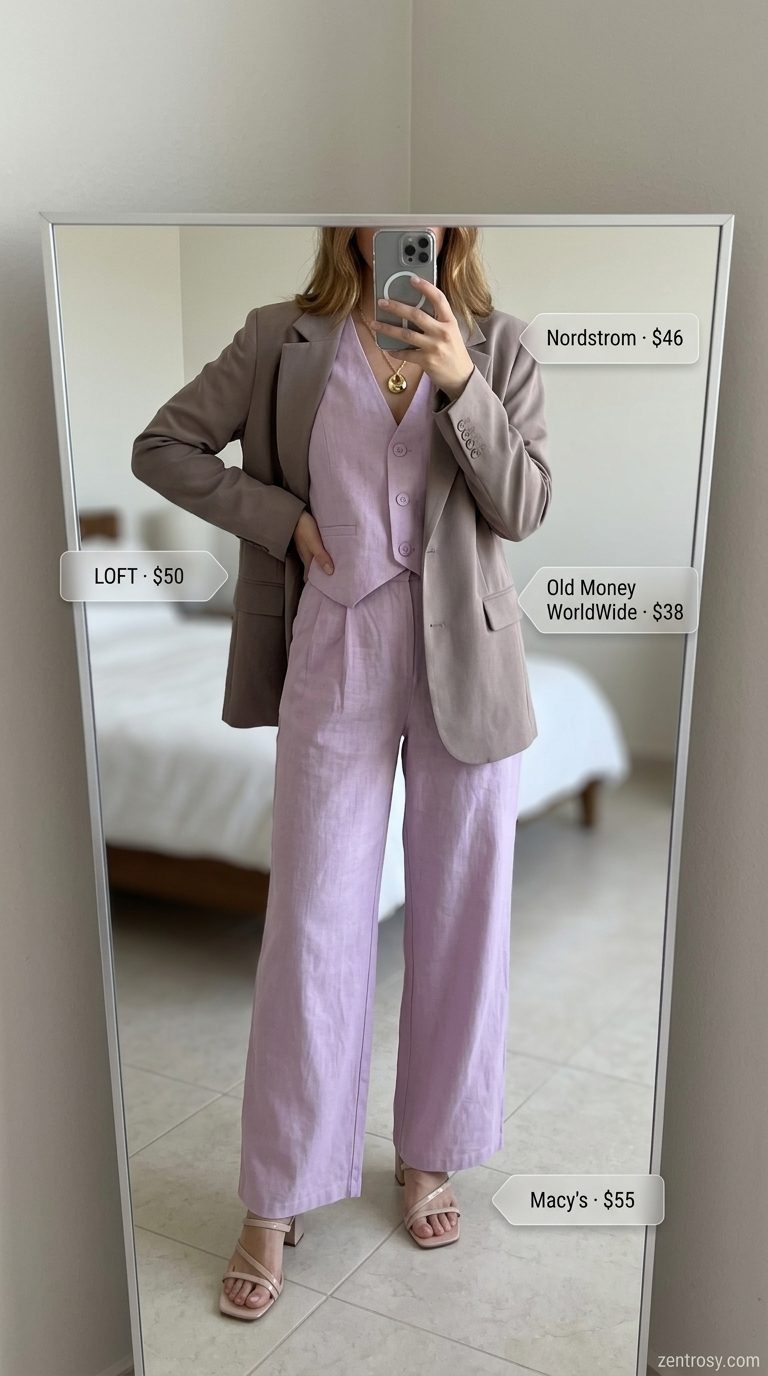Elegant Summer Blazer Outfits for Women 2026 Blush pink linen wide-leg pants and shirt set with cream sandals for a feminine lightweight summer blazer outfit for women 2026.