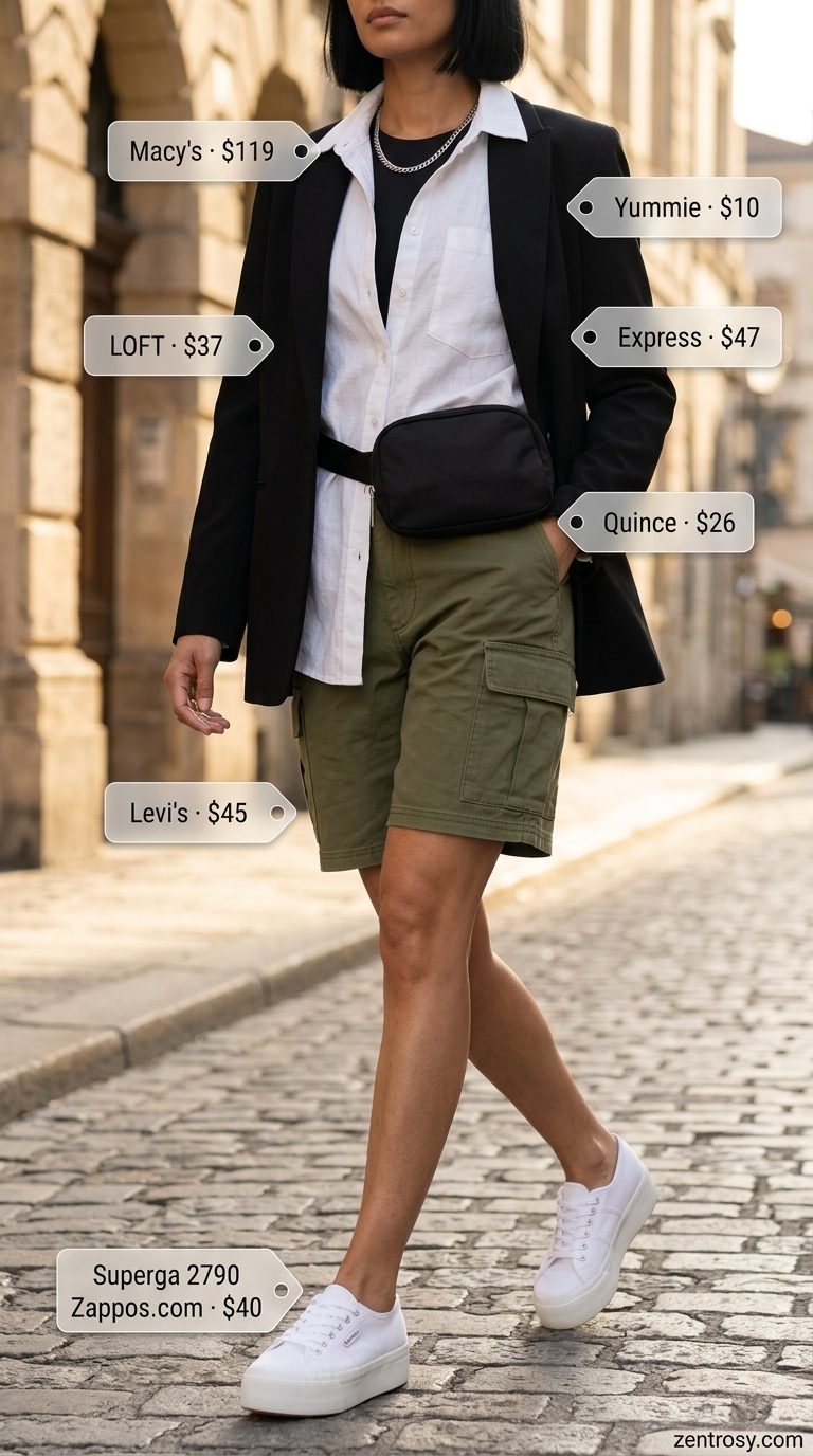 Cool Summer Blazer Outfits for Women 2026 Olive green cargo shorts, white oversized shirt, and bodysuit styled with a lightweight summer blazer outfit for women 2026.