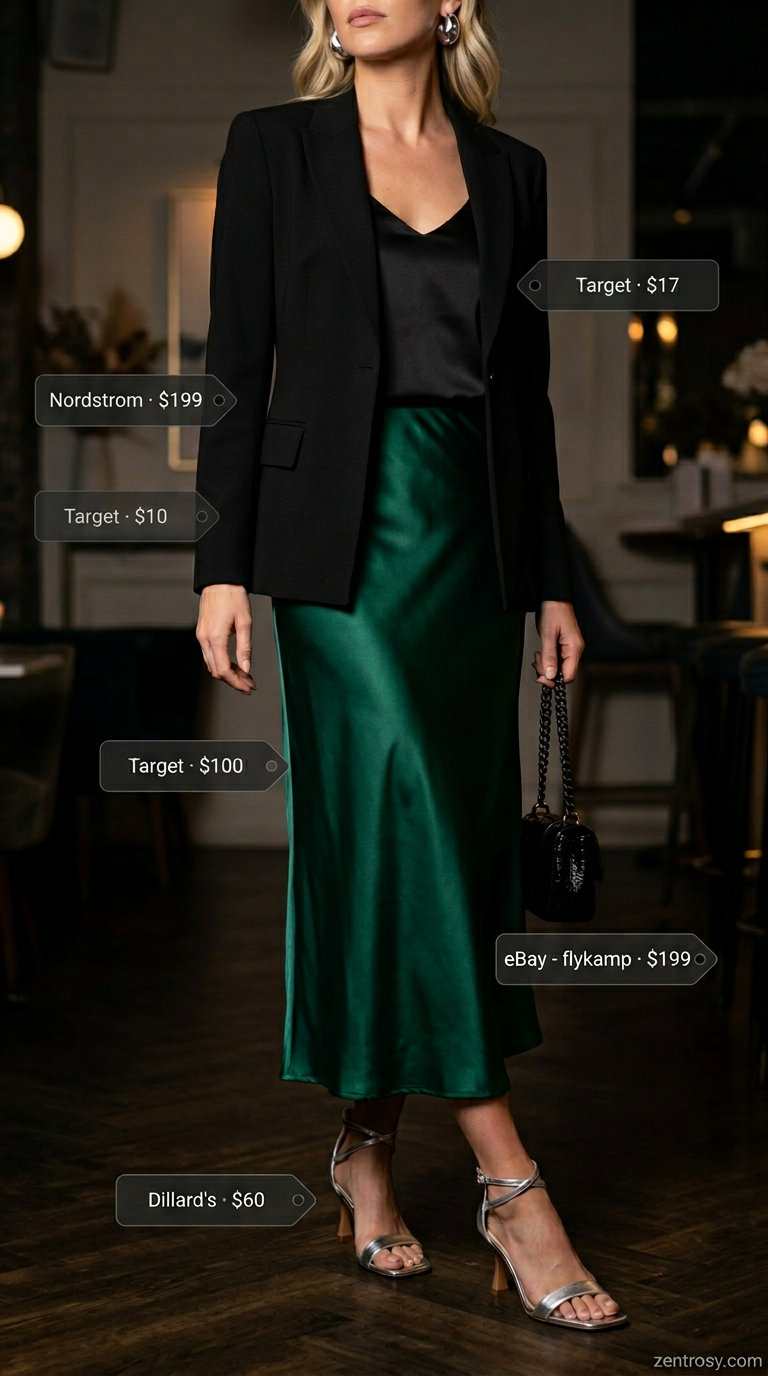 Dinner Date Summer Blazer Outfits 2026: Emerald Lightweight summer blazer outfits for women 2026: Black blazer with emerald green satin skirt, camisole, and metallic heels for a dinner date.