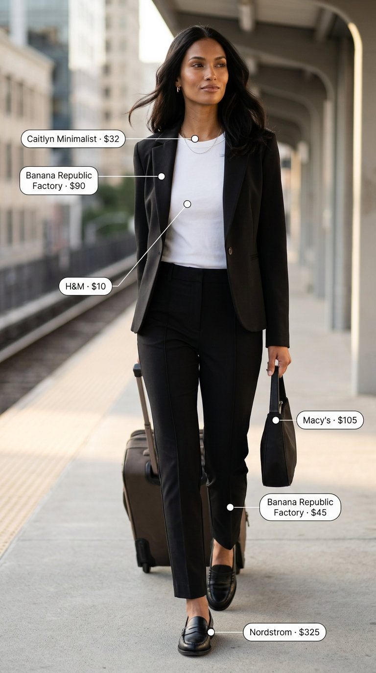 City Chic Summer Blazer Outfits 2026: Travel Lightweight summer blazer outfits for women 2026: Black tencel blazer with white tee, black trousers, loafers for travel or business casual.