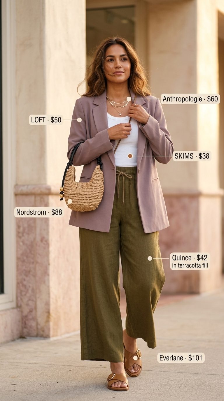 Coastal Summer Outfits 2026: Linen Pants Lightweight summer blazer outfits for women 2026: Sage green linen pants with cream tank, straw bag, and flat sandals for a coastal vibe.