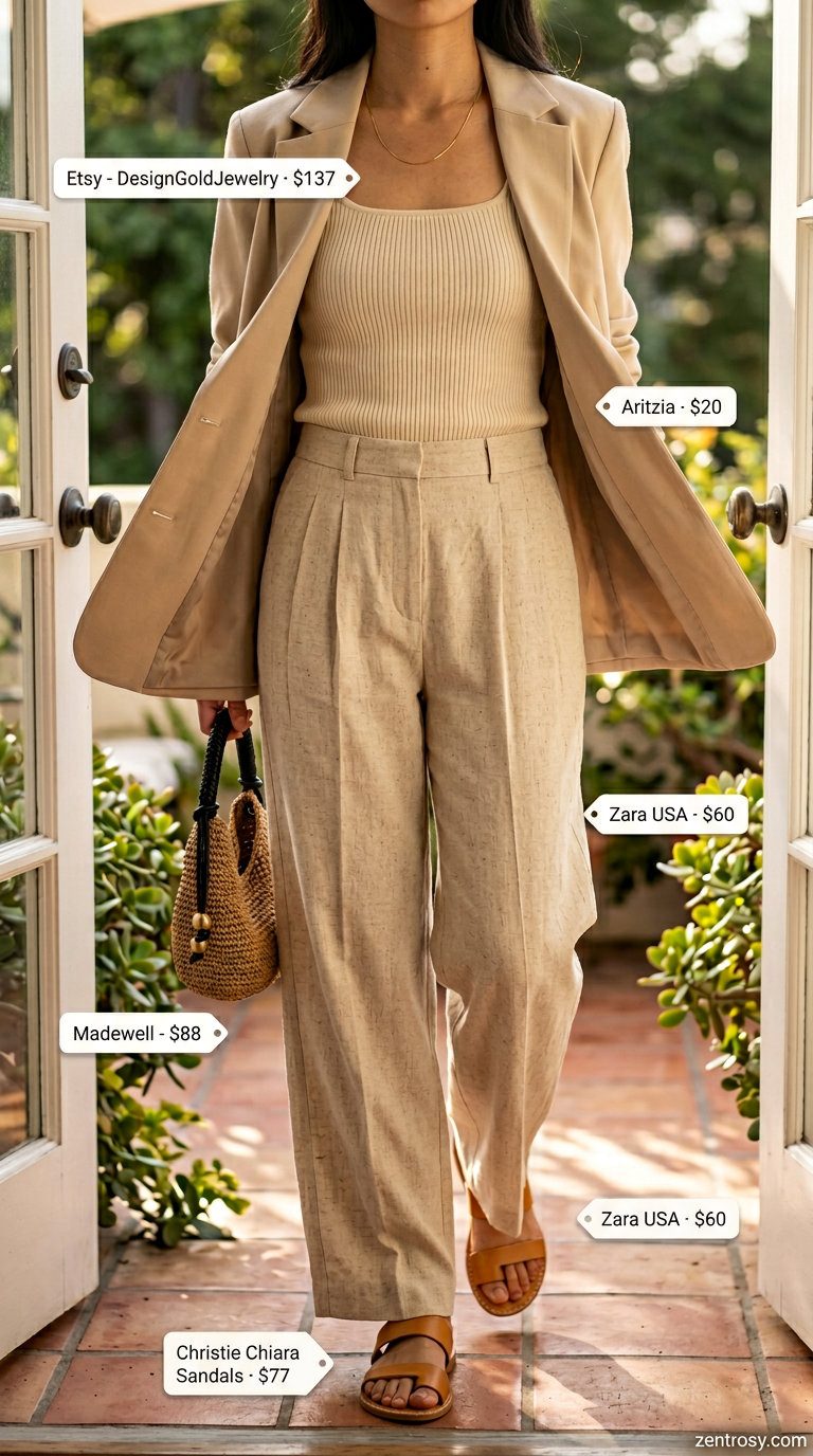 Chic Summer Blazer Outfits for Women 2026 Cream linen blazer and trousers with white tank for a chic lightweight summer blazer outfit for women 2026.