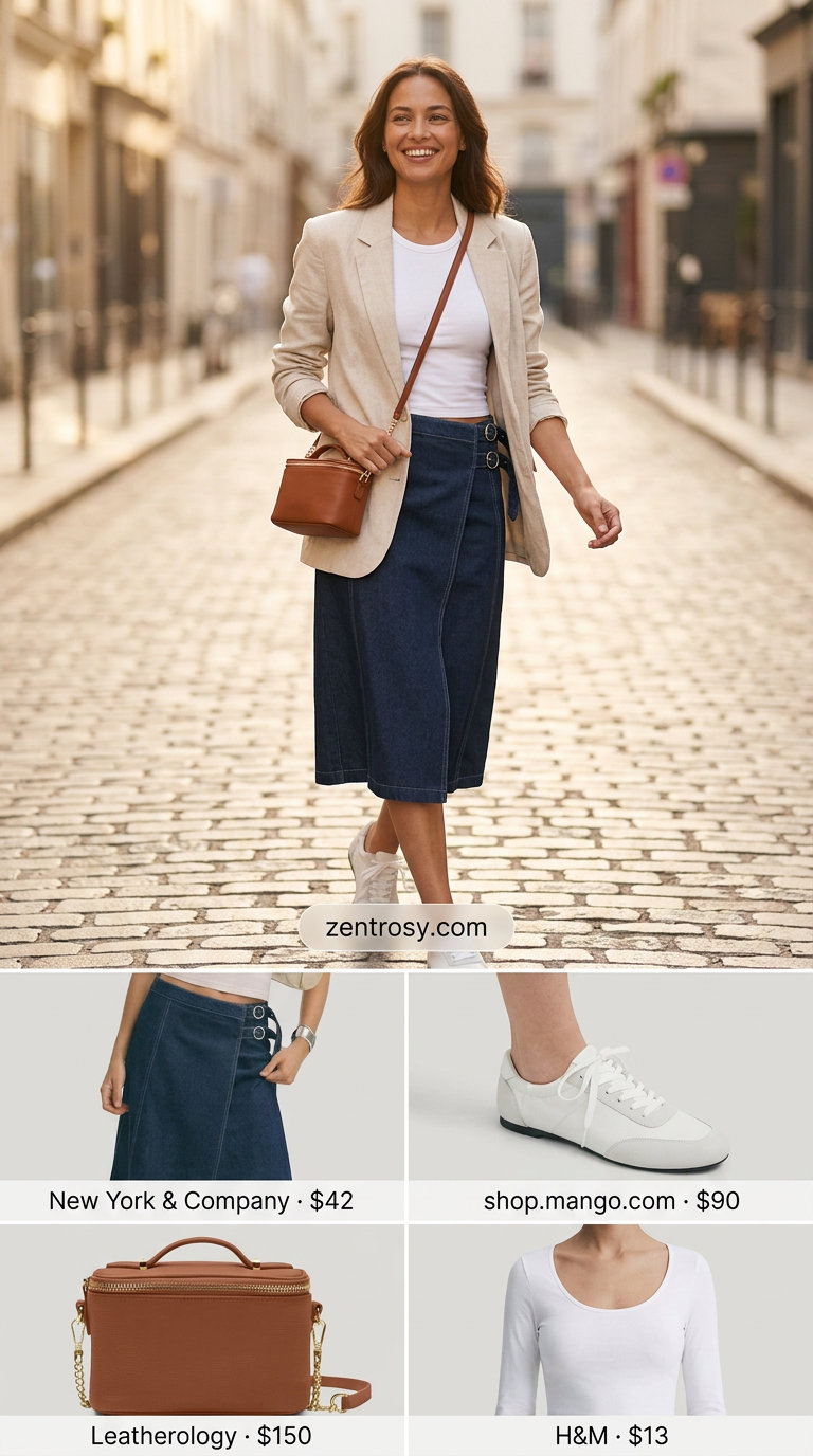 Casual Summer Blazer Outfits 2026: Denim & Linen Lightweight summer blazer outfits for women 2026: Beige linen blazer with denim midi skirt, white tee, and sneakers for a casual day out.