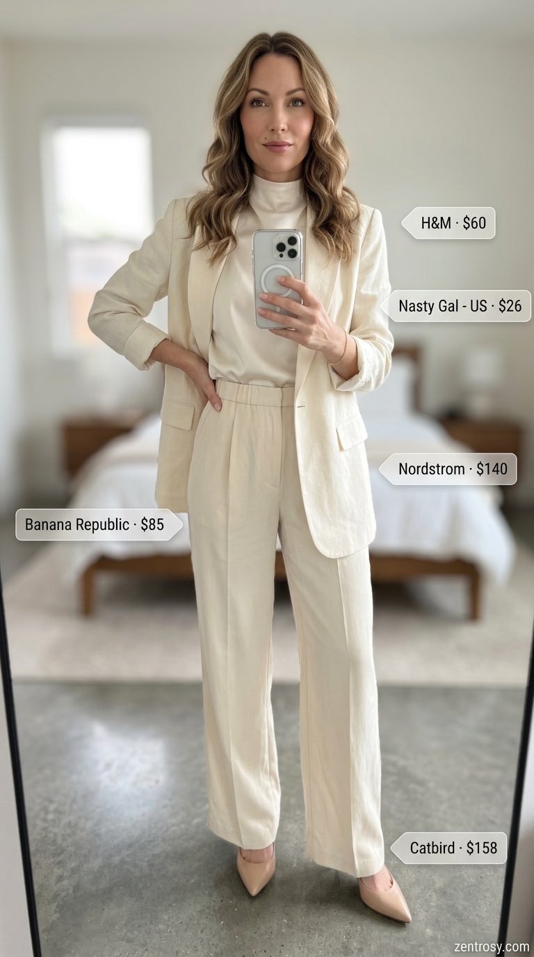 Monochrome Summer Blazer Outfits 2026: Elegant Lightweight summer blazer outfits for women 2026: Cream linen blazer with ivory top and cream wide-leg trousers for a monochrome look.