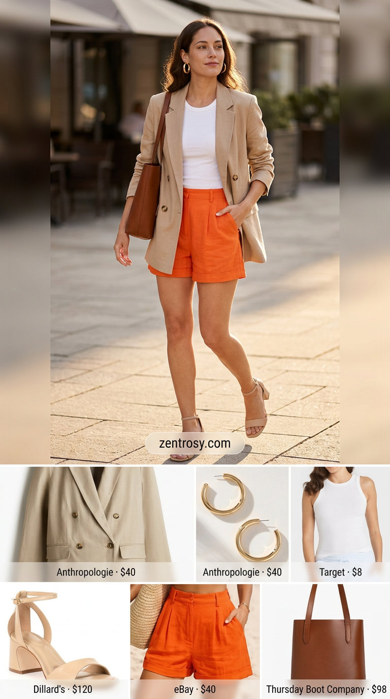Summer Shorts Blazer Outfits 2026: Orange Lightweight summer blazer outfits for women 2026: Sunset orange linen shorts with beige blazer, white tank, and leather sandals for a chic look.