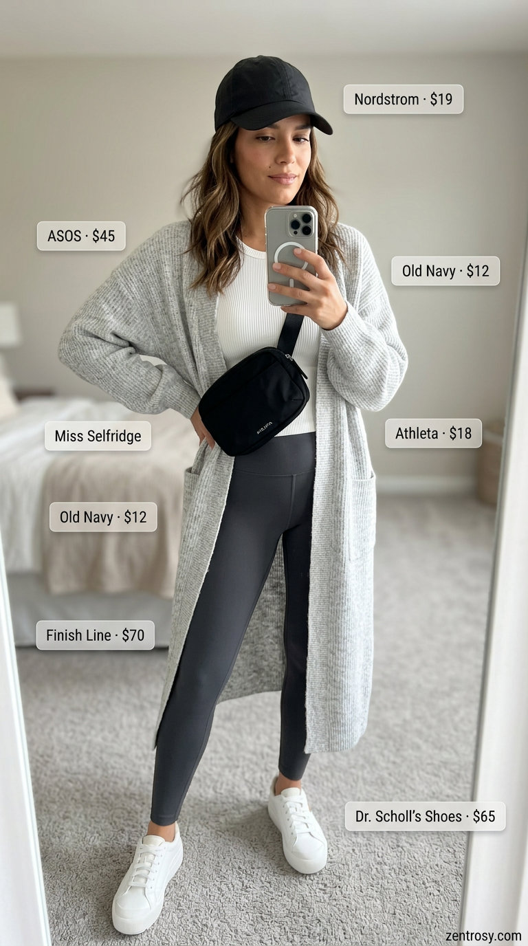 Lightweight summer cardigan outfits for women 2026: Athleisure style with grey cardigan, leggings, tank, sneakers.