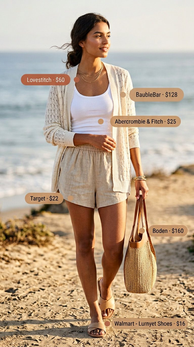 Casual beach town outfit with linen shorts, tank, and longline cardigan. Lightweight summer cardigan outfits for women 2026.