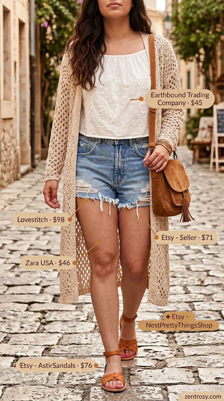 Boho beach day outfit with denim shorts, white peasant blouse, and a beige crochet cardigan. Lightweight summer cardigan outfits for women 2026.