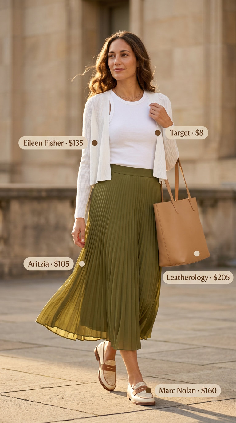 Lightweight summer cardigan outfits for women 2026: Olive midi skirt, white tank, beige cardigan, loafers.
