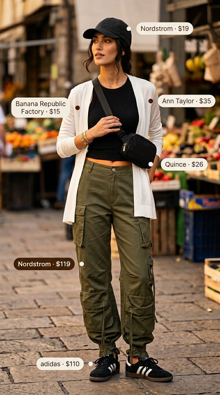 City explorer outfit with cargo pants, tank top, and white cardigan. Lightweight summer cardigan outfits for women 2026.