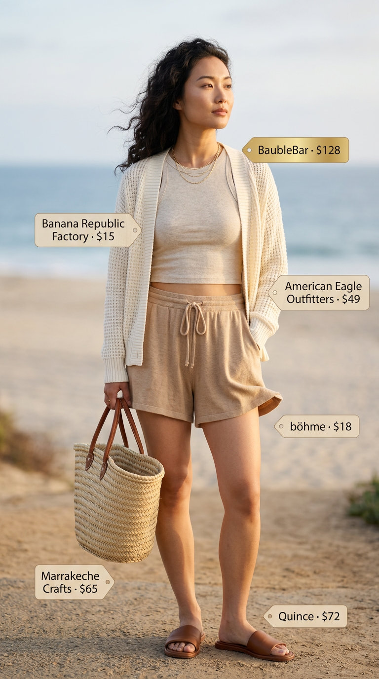Coastal knit set with cream cardigan, shorts, and tank top. Lightweight summer cardigan outfits for women 2026.