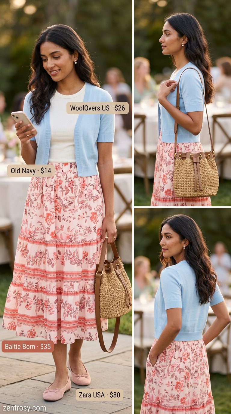 Garden party outfit with floral midi skirt, white tee, and cropped cardigan. Lightweight summer cardigan outfits for women 2026.