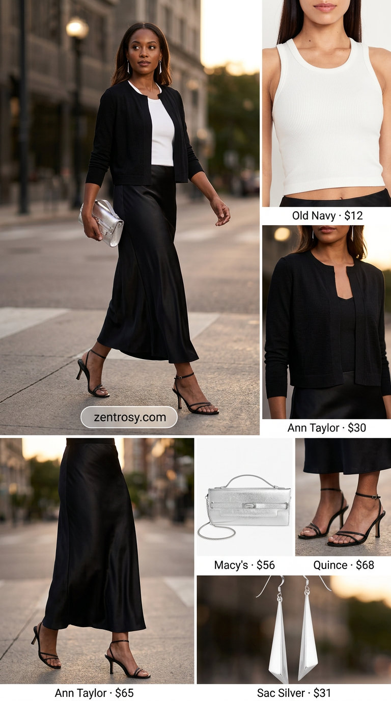 Lightweight summer cardigan outfits for women 2026: Black slip skirt, white tank, cropped cardigan, silver bag.