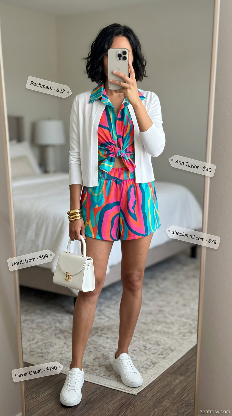 Lightweight summer cardigan outfits for women 2026: Coral & teal abstract set with white open-knit cardigan, sneakers.