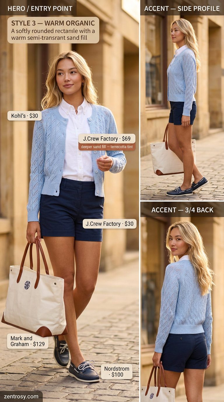 Lightweight summer cardigan outfits for women 2026: Preppy look with blue shirt, navy shorts, light blue cardigan.