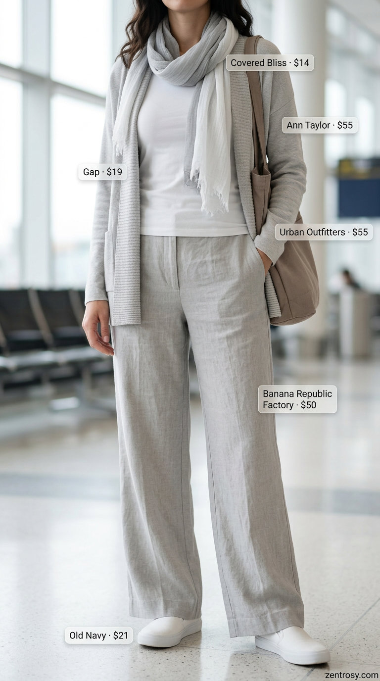 Comfortable travel outfit with linen pants, white tee, and grey cardigan. Lightweight summer cardigan outfits for women 2026.