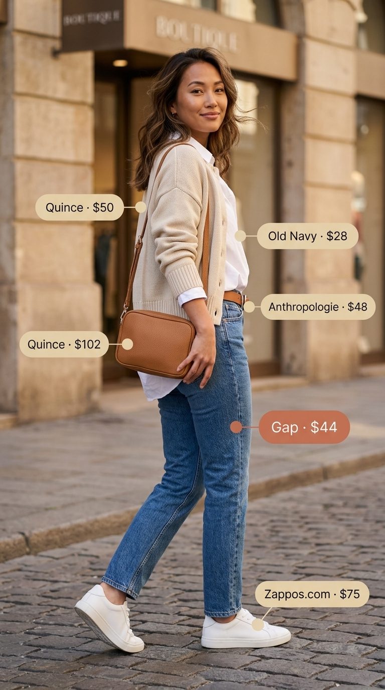Lightweight summer cardigan outfits for women 2026: Casual weekend look with white shirt, beige cardigan, jeans, sneakers.