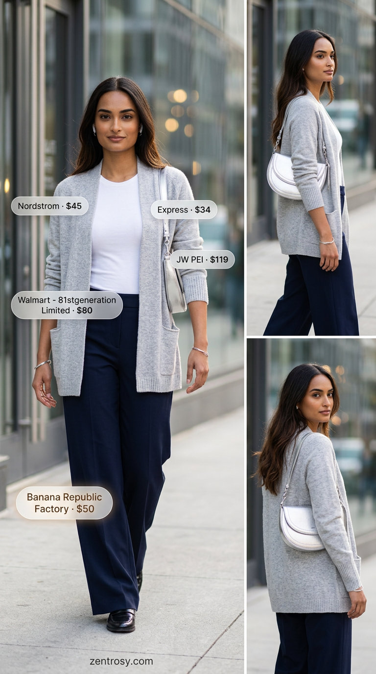 Lightweight summer cardigan outfits for women 2026: Light grey long cardigan, navy wide-leg pants, white knit top for city.