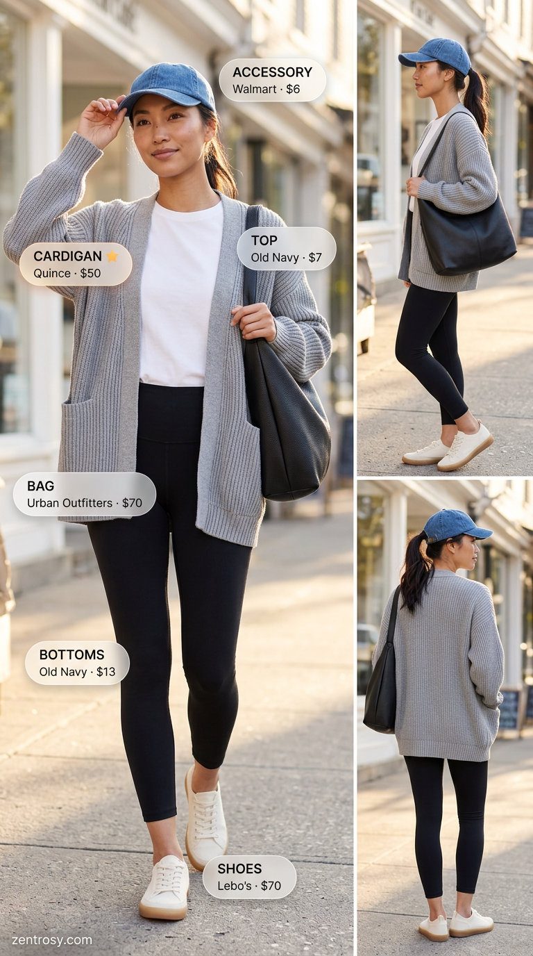 Lightweight summer cardigan outfits for women 2026: Heather grey oversized cardigan, white tee, black leggings, sneakers for travel.