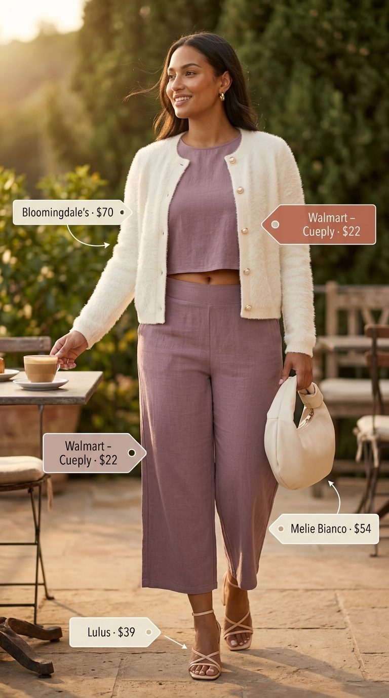 Lightweight summer cardigan outfits for women 2026: Lavender set, ivory cardigan with pearl buttons for brunch.