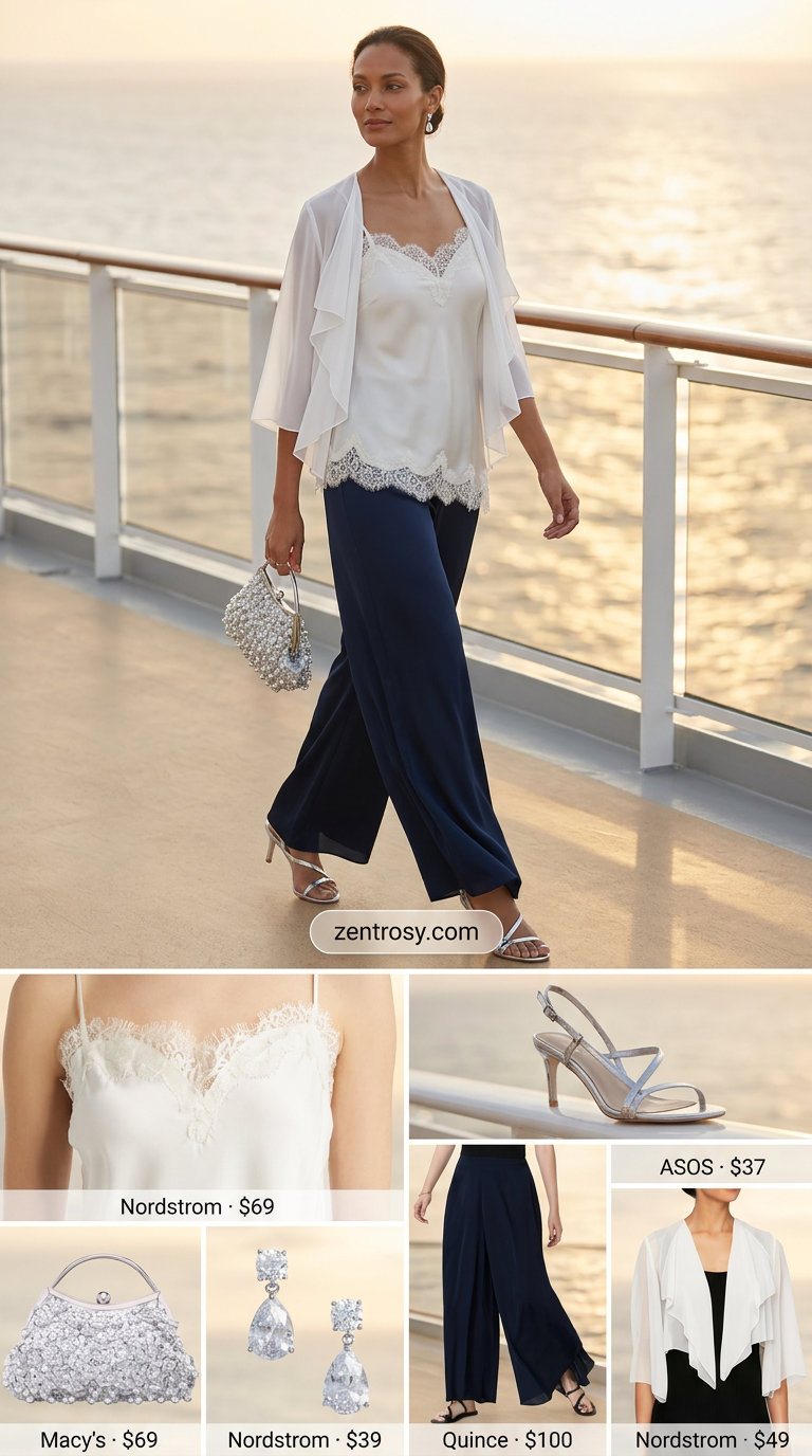 Lightweight summer cardigan outfits for women 2026: Ivory duster cardigan, navy palazzo pants, ivory camisole for evening.