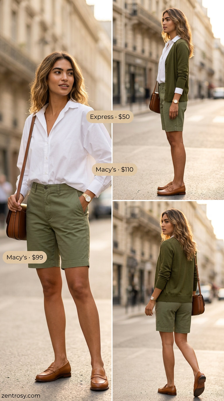 Lightweight summer cardigan outfits for women 2026: Khaki shorts, white shirt, khaki cardigan for smart casual.