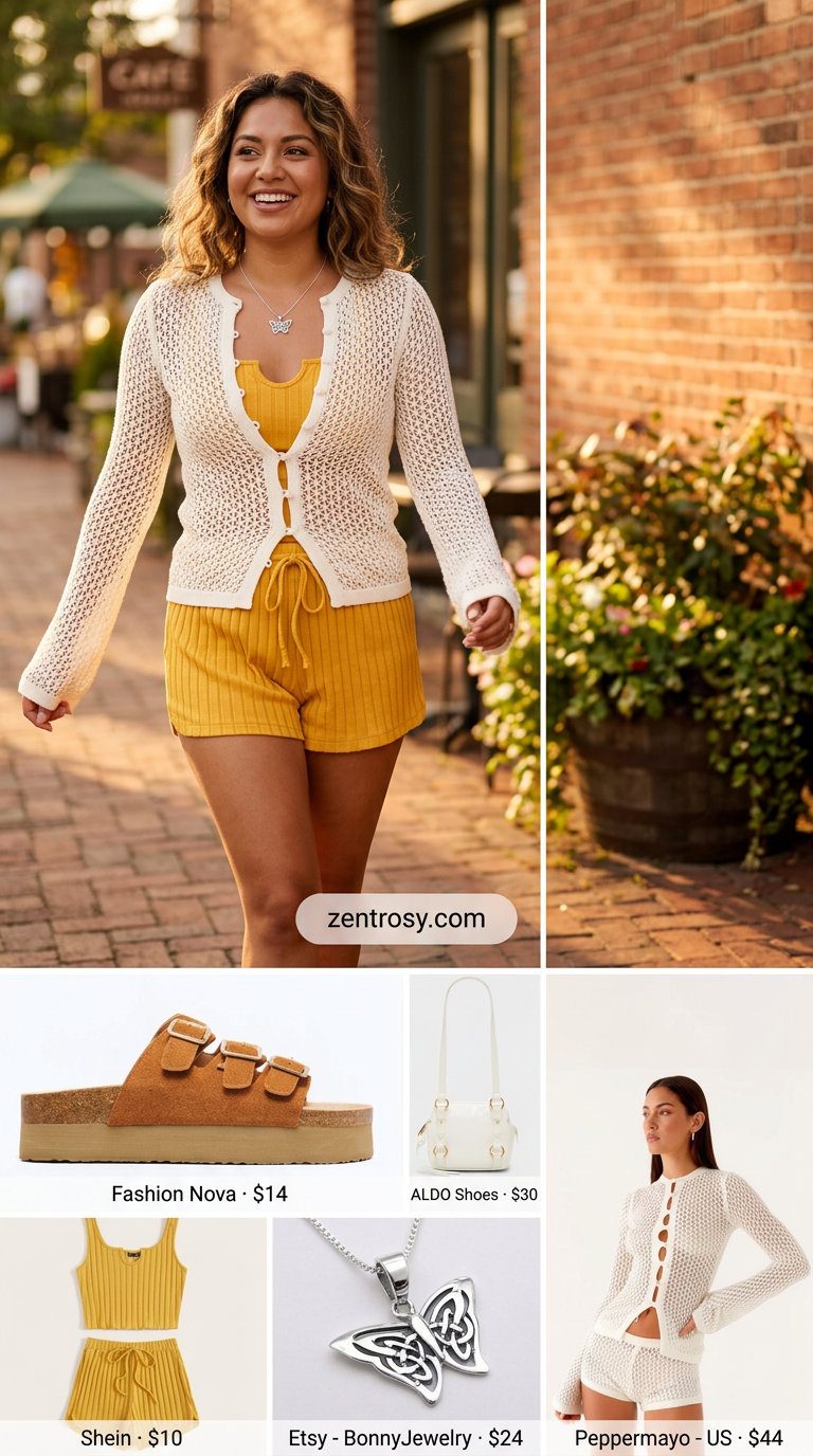 Lightweight summer cardigan outfits for women 2026: White crochet cardigan, yellow crop top, shorts for festivals.