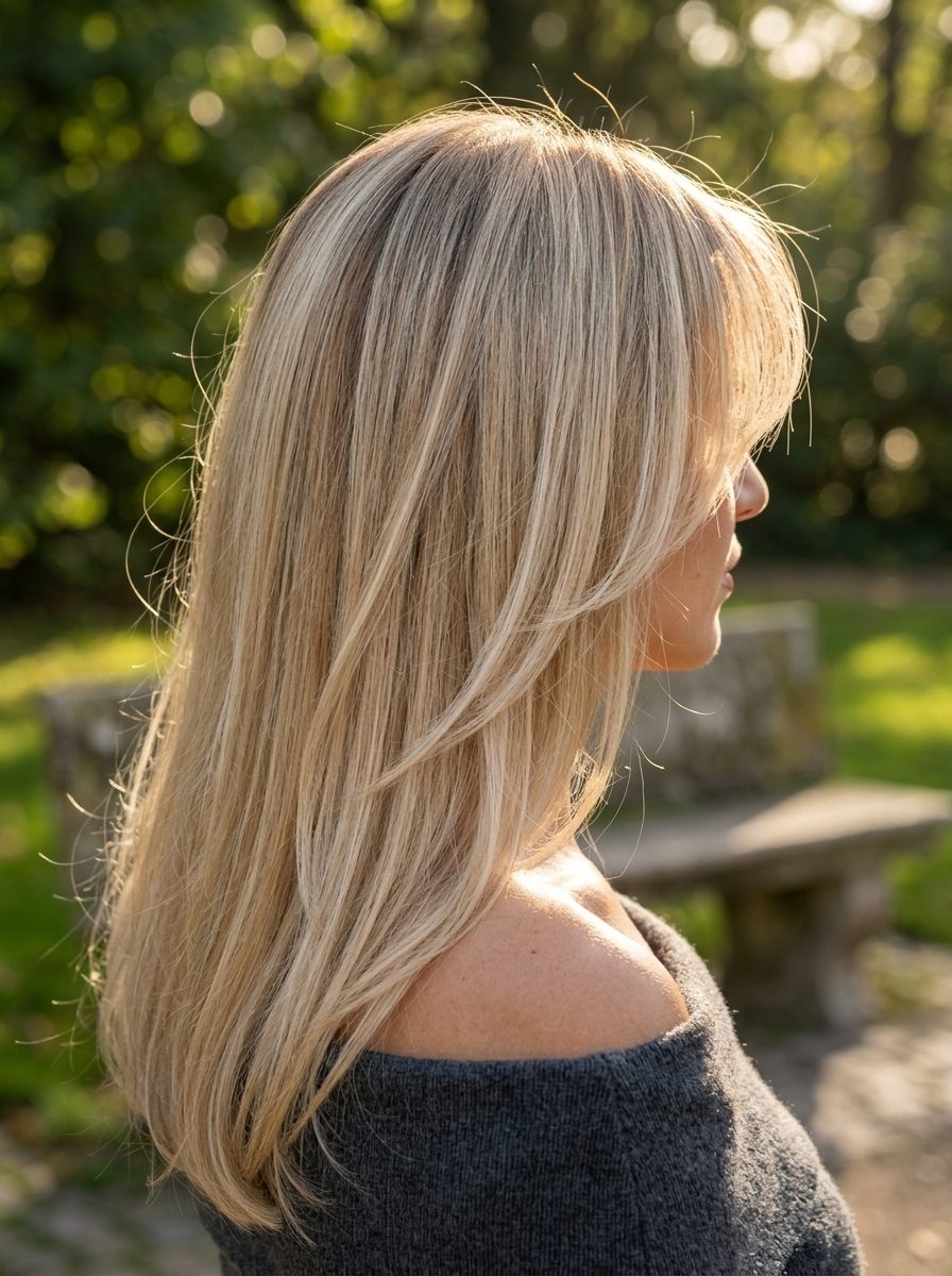 long linen blonde haircut with white-gold face framing and wispy Birkin bangs for summer