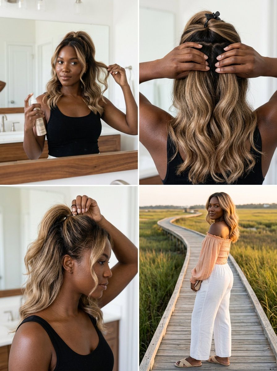 long wavy half-up hairstyle with sun-drenched linen blonde color, soft waves, face-framing pieces for brunch