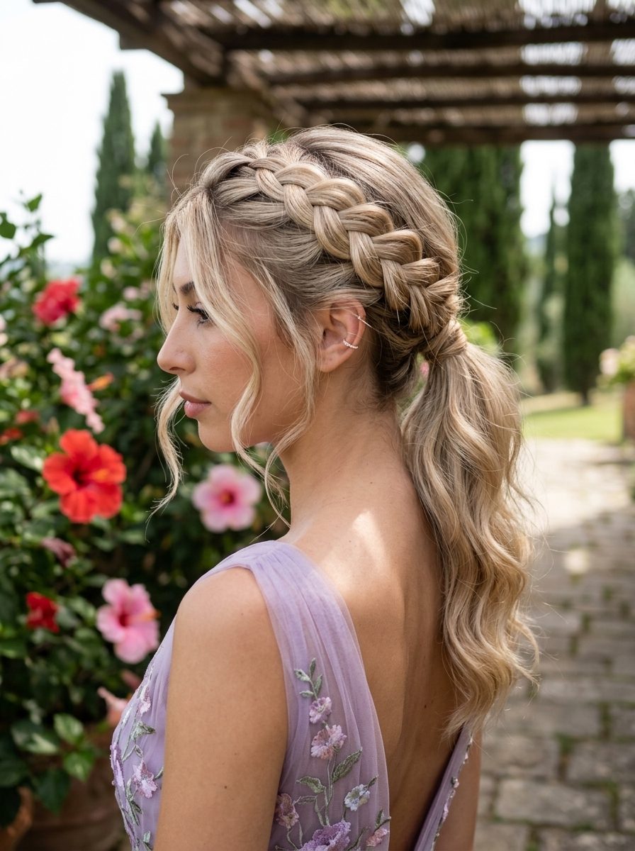 long linen blonde ponytail with braided crown, face-framing layers, for garden party