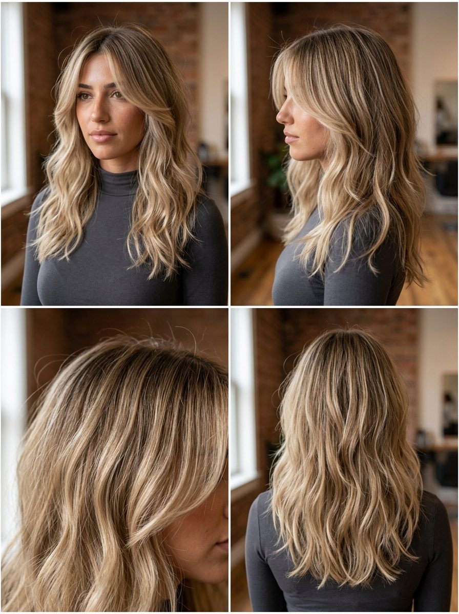 long wavy shag haircut in linen blonde with pearl money pieces and long curtain bangs for 70s chic look