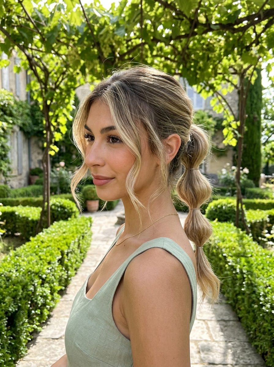 medium layered ponytail 2026 with linen blonde, ash brown roots, sandy tones — soft chic