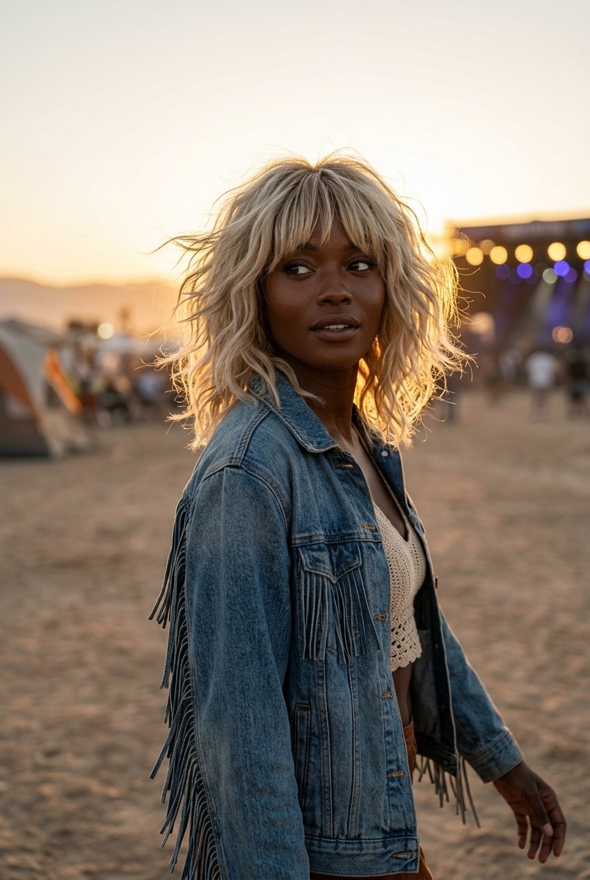 Linen Blonde Wavy Shag Haircut 2026 medium wavy midi-shag haircut in linen blonde with heavy fringe and choppy layers