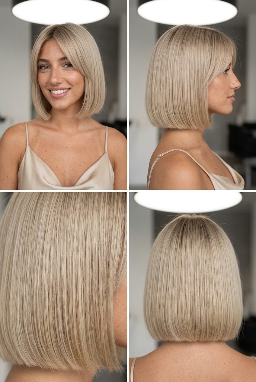 short bob haircut in neutral sandy blonde with beige root smudge for sleek look