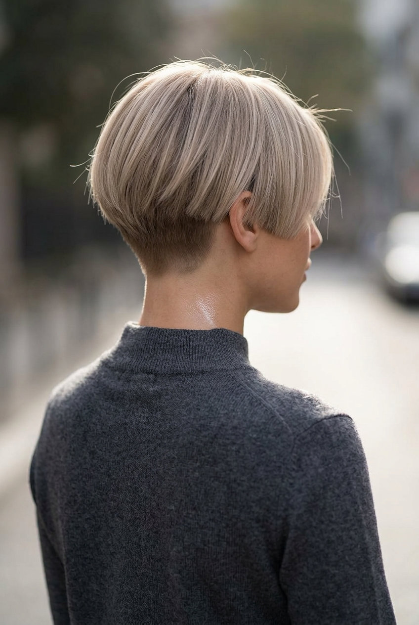 short linen blonde crop cut with a neutral root smudge and tapered nape for minimalist chic