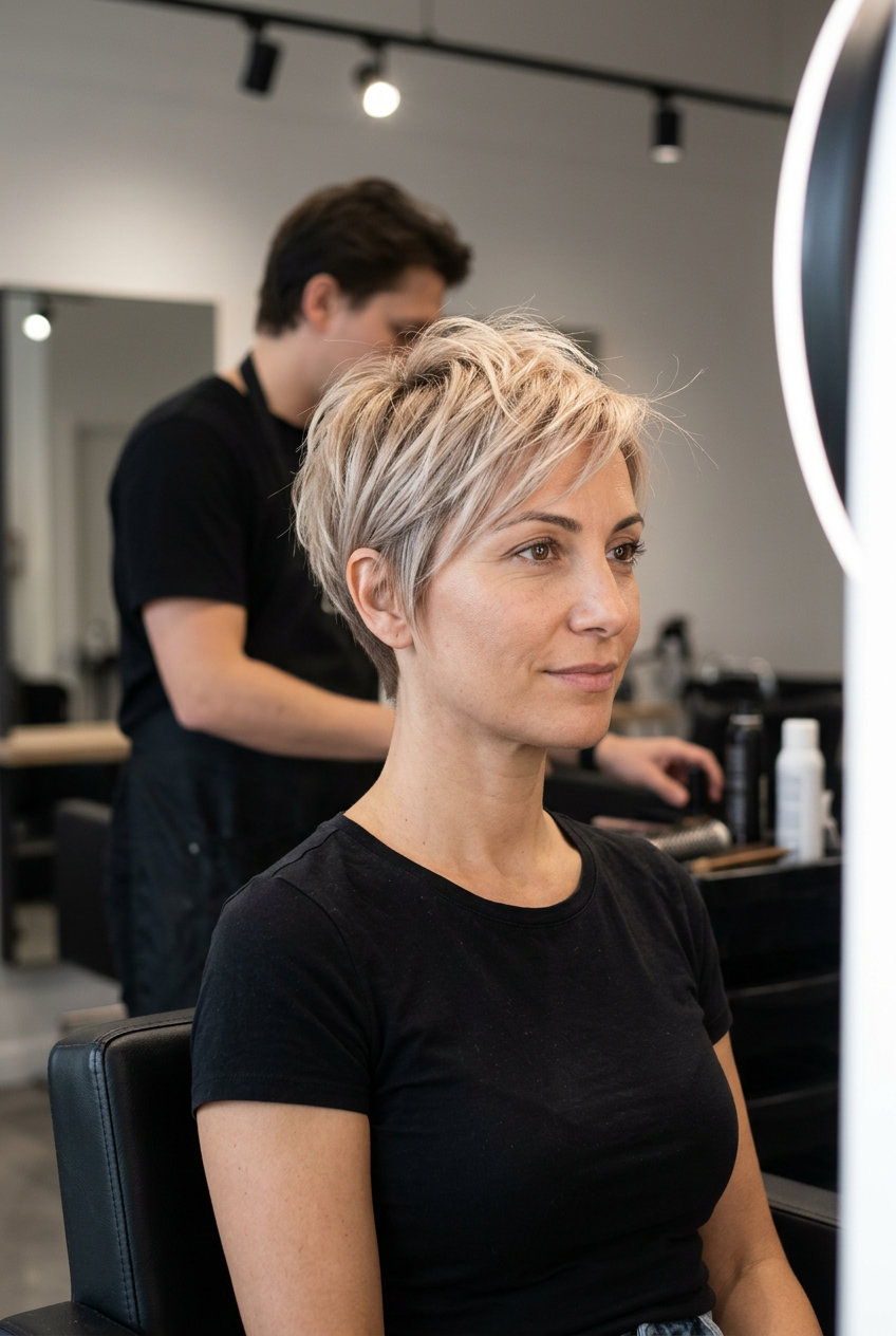 very short pixie haircut with linen blonde, pearl highlights, ash root smudge, tapered sides and nape — modern minimalist chic