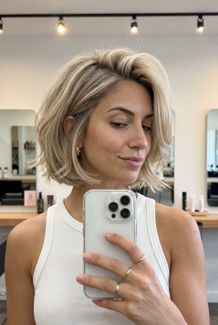 short wavy bob haircut in neutral linen blonde with beige lowlights, sweeping face-framing layers — romantic and dreamy