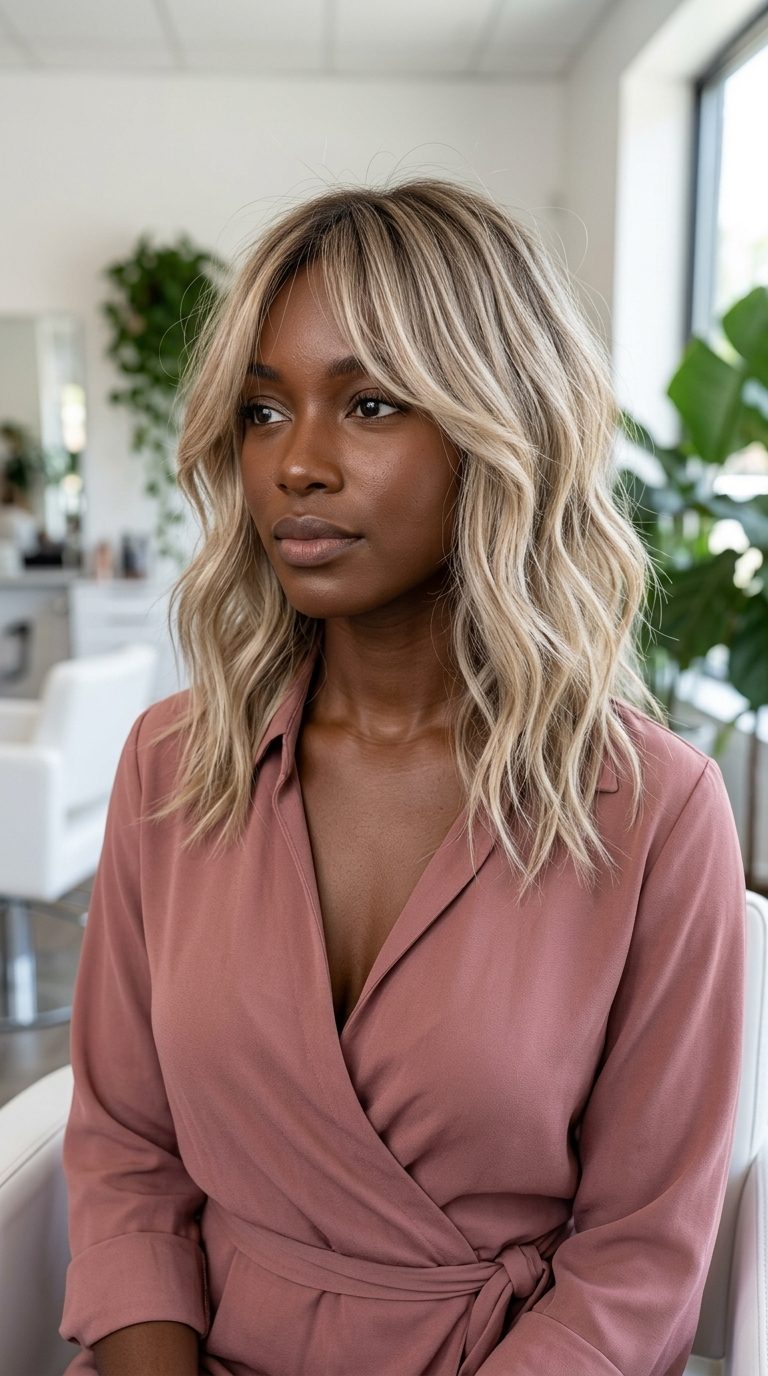 shoulder-length wavy shag haircut in linen blonde with pearl babylights and natural root for boho chic look