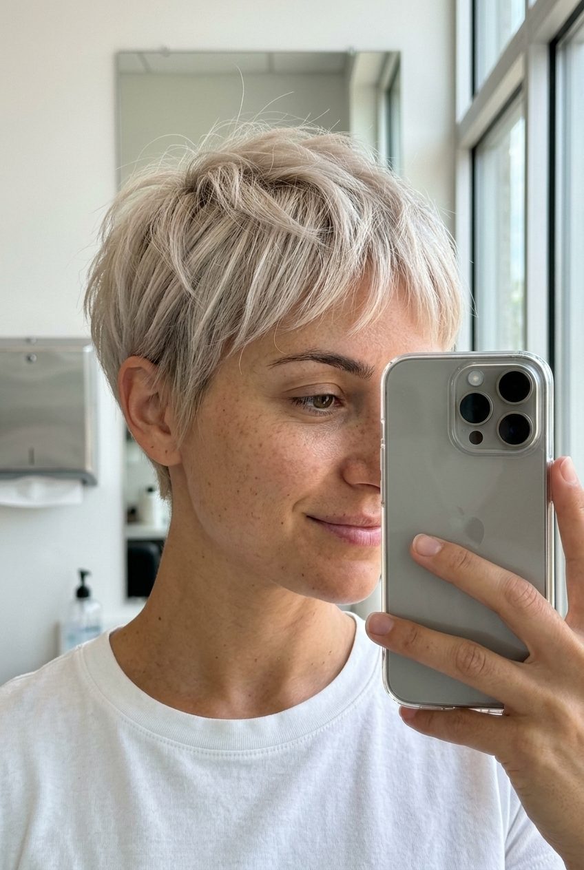 very short linen blonde pixie haircut with textured layers and wispy micro-fringe for summer