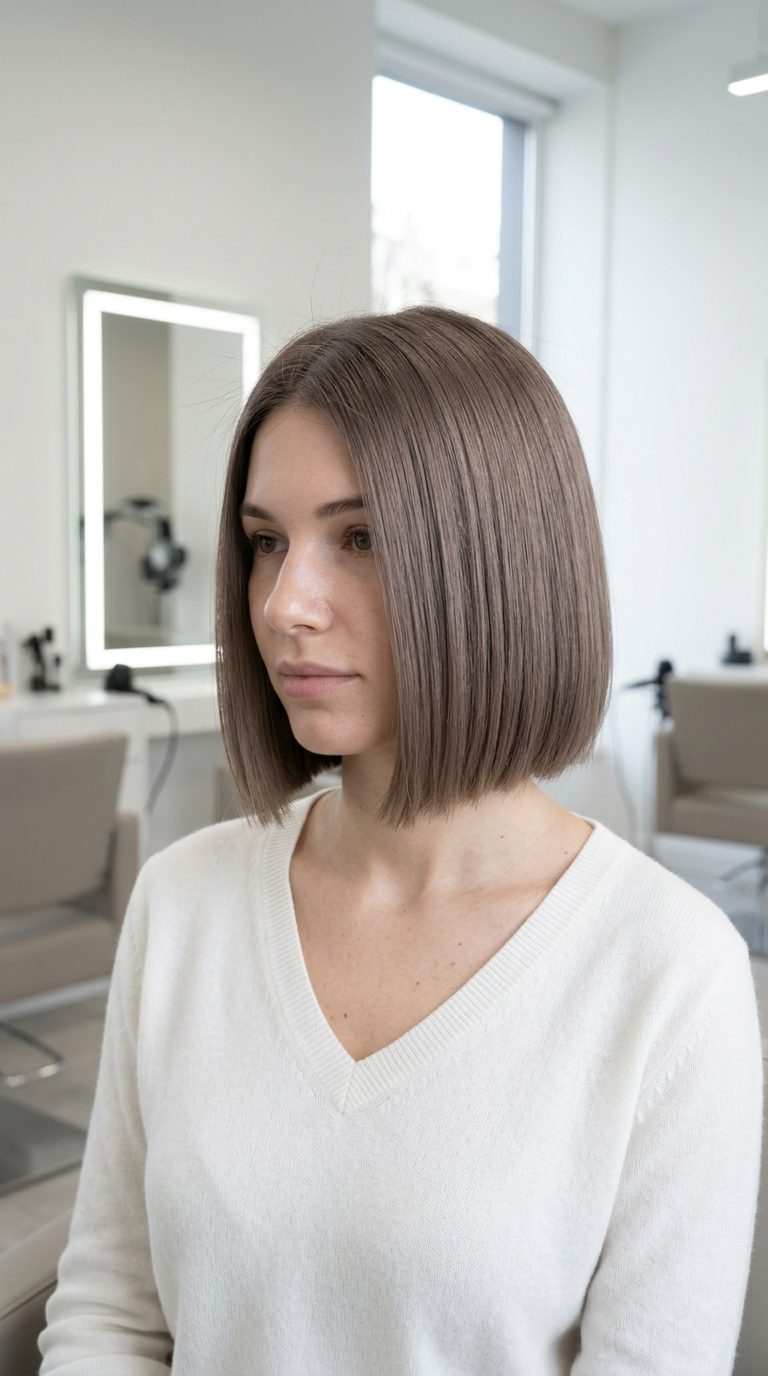 long linen brown all-over color with ash-violet tones, single process, no fringe — minimalist daily