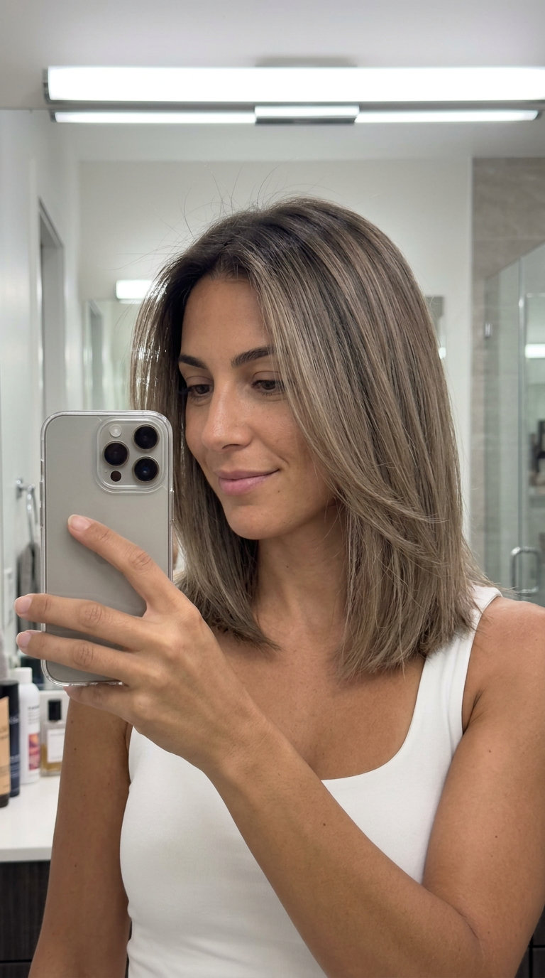 long linen brown root smudge with beige-brown highlights, soft blend, no fringe — sophisticated daily