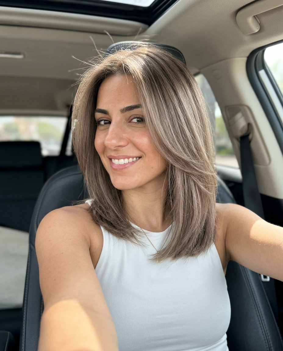 long linen brunette color melt with cool beige highlights, root smudge, no fringe — soft brunch