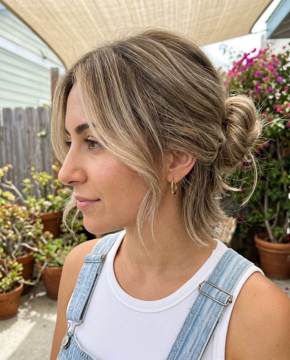 long linen greige blonde shag with mushroom roots, textured messy bun for summer