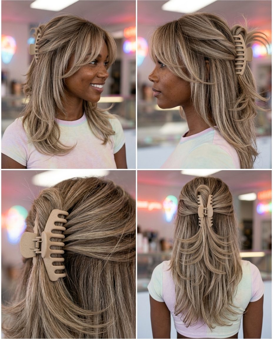 long shag haircut in linen greige, half-up twist with claw clip, playful Y2K style