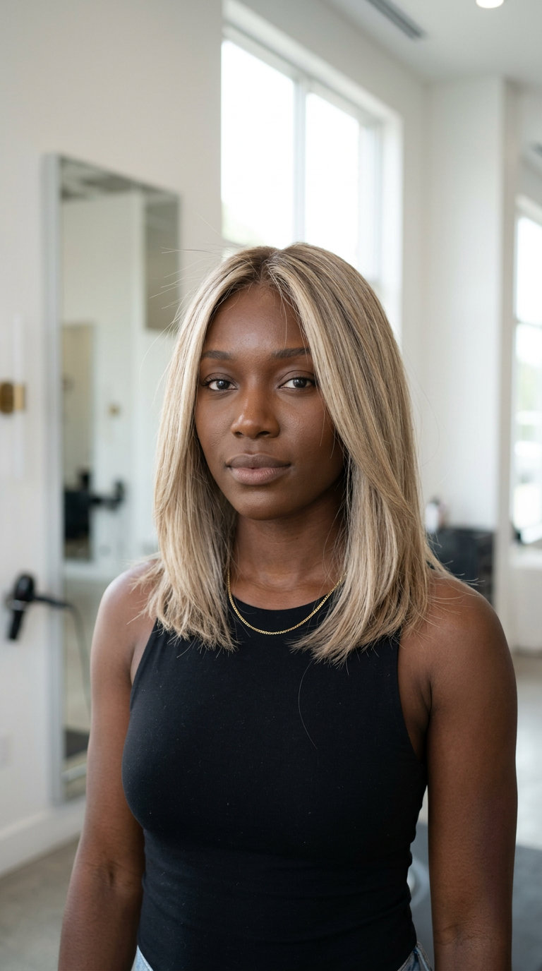 long linen blonde babylights with sandy beige tones and face-framing layers for casual brunch