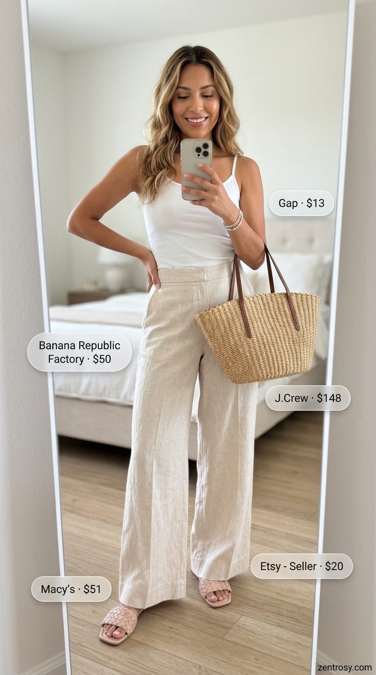 Boho linen pant outfits summer for women 2026 with cream ribbed cami, pastel floral skirt, and woven tote. Relaxed beach style.
